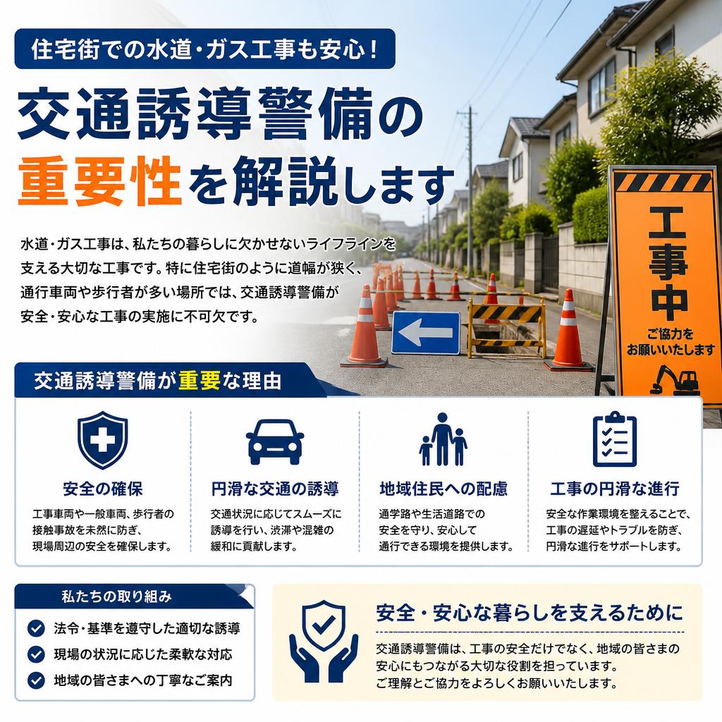【下関市の建設会社様へ】水道工事・ガス工事の交通誘導警備とは？住宅街で求められる対応力を解説【下関市 警備会社】