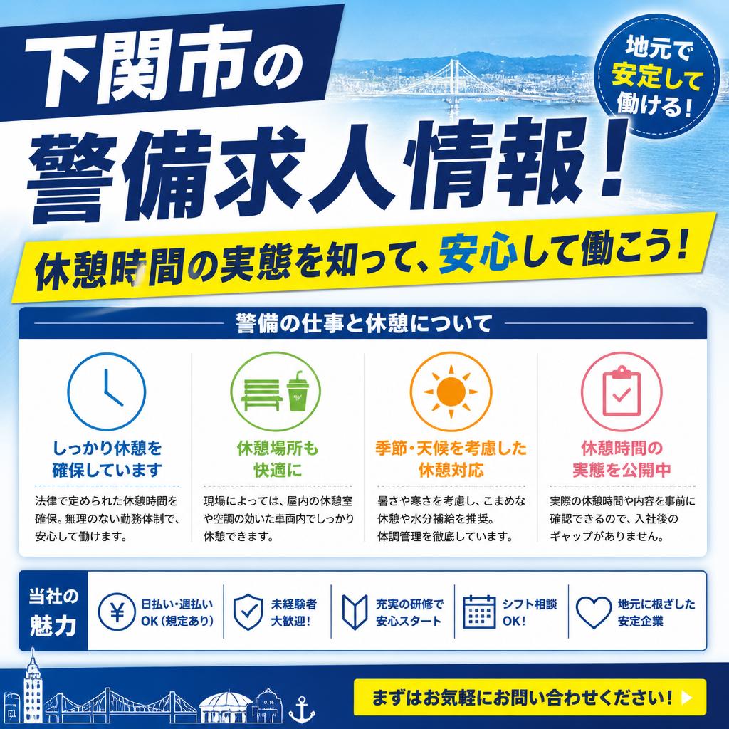 【下関市】警備員の休憩時間はどうなる？交通誘導警備の勤務時間と休み方を解説【警備求人】