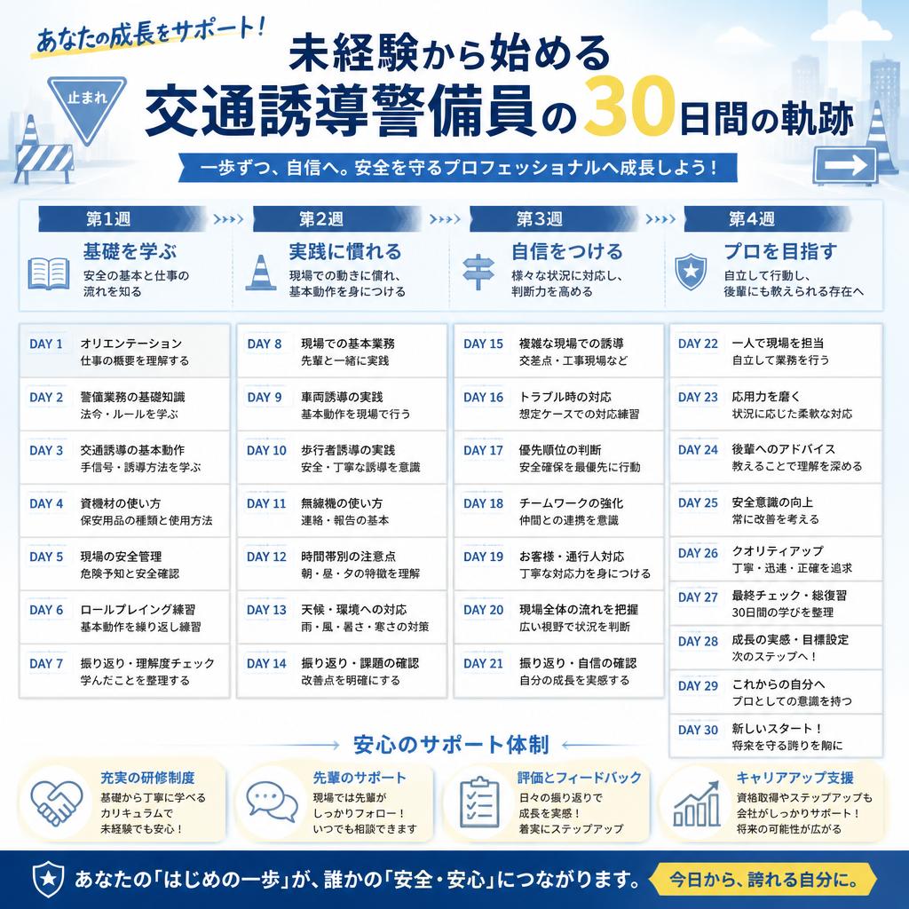 【下関市】入社後30日で何を覚える？未経験から交通誘導警備員になる成長ロードマップ【警備求人】
